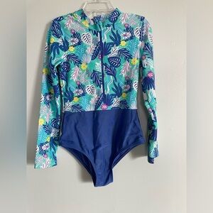 Tropical Print Kids Rashguard Swimsuit one piece long sleeve size 7/8 girls